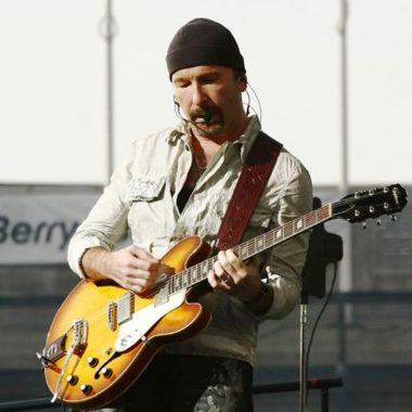 DUBLIN, IRELAND - JULY 24:  The Edge from U2 performs at Croke Park on July 24, 2009 in Dublin, Ireland.  (Photo by Phillip Massey/WireImage)